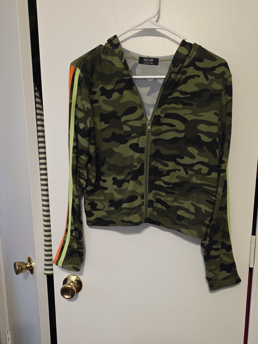 Women's Green Camo Zip Hoodie with Neon Stripe